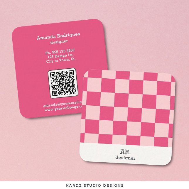 Affärskortet rosa Checkated Square Designer Fyrkantigt Visitkort (Front and back of card shown in 2.5 x 2.5 inch. with round corners. Choose corner style.)