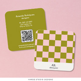 Affärskortet rosa Grönt Checkated Designer Square Fyrkantigt Visitkort