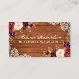 Affärskortet Rustic Burgundy Blommigt Wood Snöre Tidsbeställning Kort