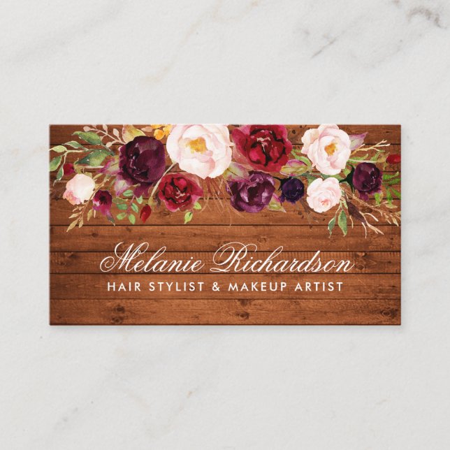 Affärskortet Rustic Wood Burgundy Blommigt Tidsbeställning Kort (Framsida)