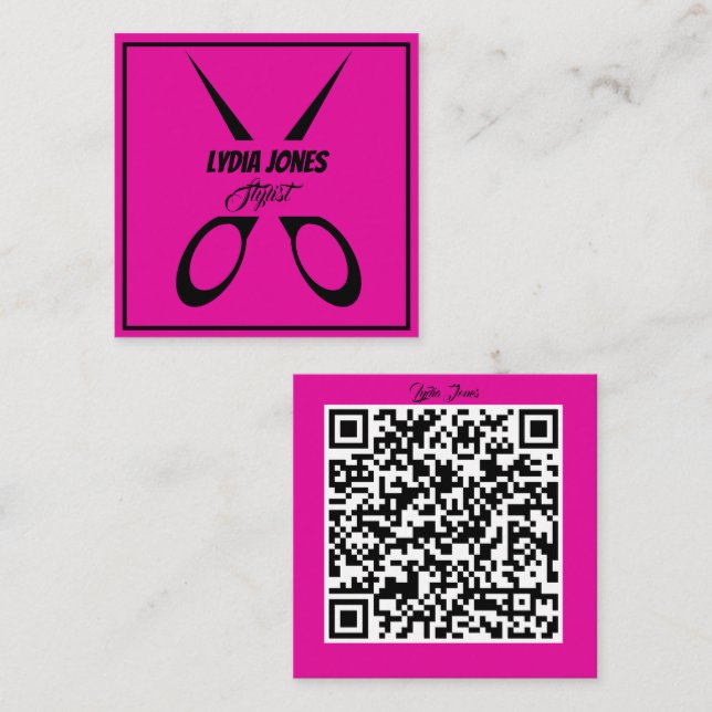 Affärskortet shock rosa fyrkantig Stylist med QR-k Fyrkantigt Visitkort (Fram/baksida)