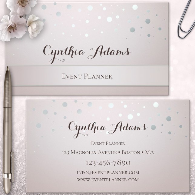 Affärskortet silver Confetti Event Planner Visitkort (Event planner business card featuring chic sparkling silver confetti on a blush pink background)
