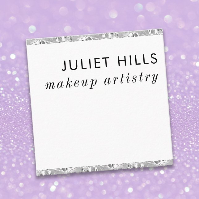 Affärskortet silver Crystal Edged Square Fyrkantigt Visitkort (Silver Crystal Edged Square Business Card displayed, front)