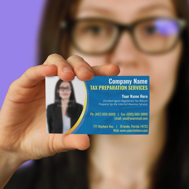 Affärskortet Skatteförberedelse (förberedare) Foto Visitkort (Customize tax preparer business cards by replacing with your own text and photo)