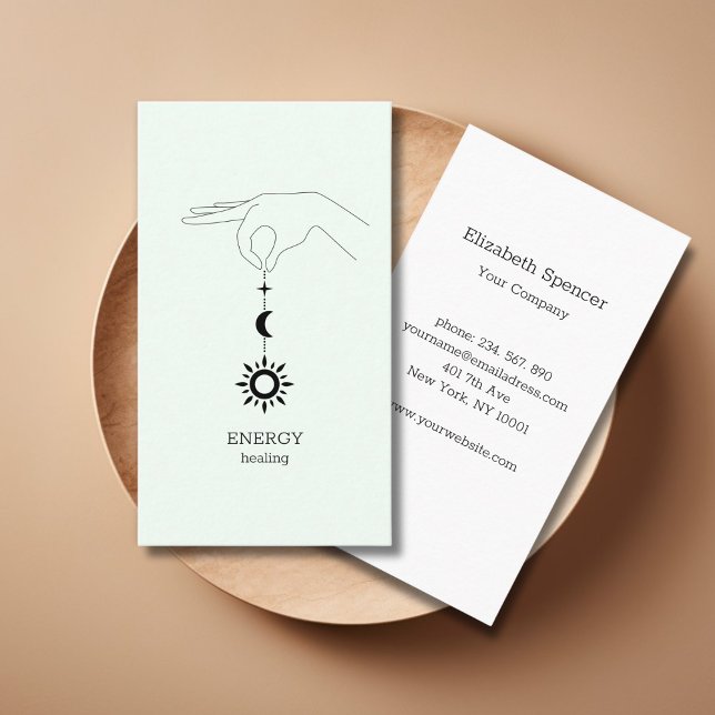 Affärskortet sol Måne Visitkort (Green Sun Moon Illustration Business Card. Modern Whimsical. Perfect for Energy Healer & more.)