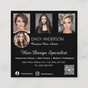 Affärskortet Svart elegant Hairstylist: Fyrkantigt Visitkort