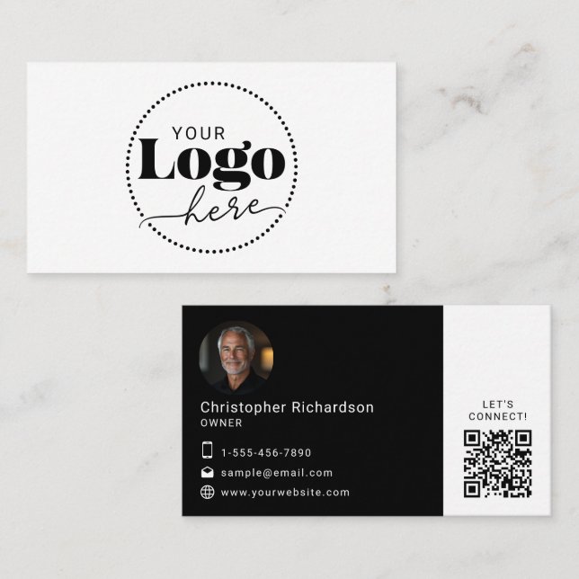 Affärskortet Svartvit Logotyp - foto QR-kod Visitkort (Fram/baksida)