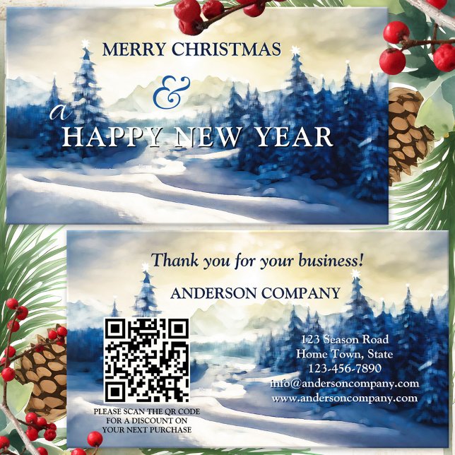 Affärskortet Tack till julfirman Helgdagars Compan Visitkort (Christmas Thank You for your business business card with watercolor pine trees and QR code template)