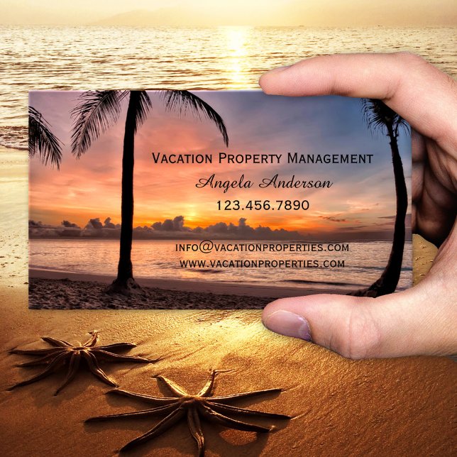 Affärskortet Vacation Egendom Management Visitkort (Business card showing a sunset at a tropical beach - travel agency - holiday rentals - vacation home)