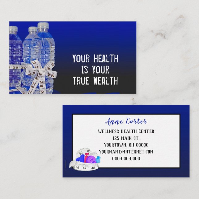 Affärskortet vattenflaskor och bandmått visitkort (Fram/baksida)