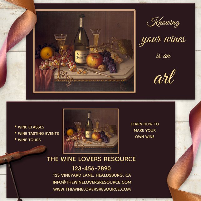 Affärskortet vin stillastående i konstklasser visitkort (Artistic business card featuring a still life painting with wine. Wine tasting, wine tours, winery)