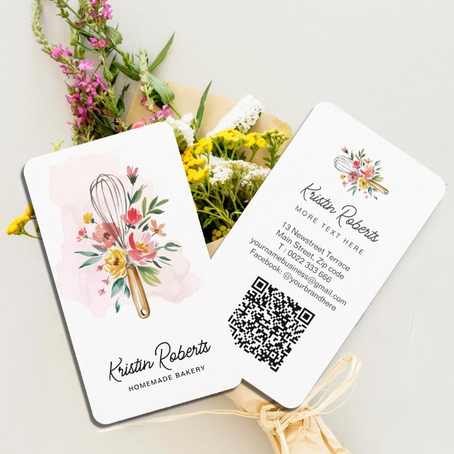 Affärskortet Watercolor Blommigt Whisk Bakery Visitkort (Watercolor Floral Whisk Bakery Business Card #sweetshop #pastries #bakery #watercolorflowers)