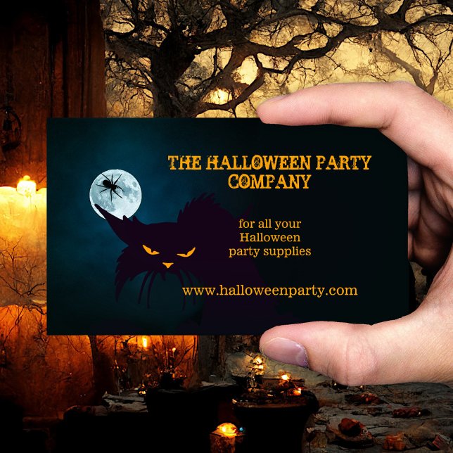 Affärskortet Wicked Cat Halloween fest Visitkort (Halloween business card showing an angry black cat in the night with a spider on a full moon)