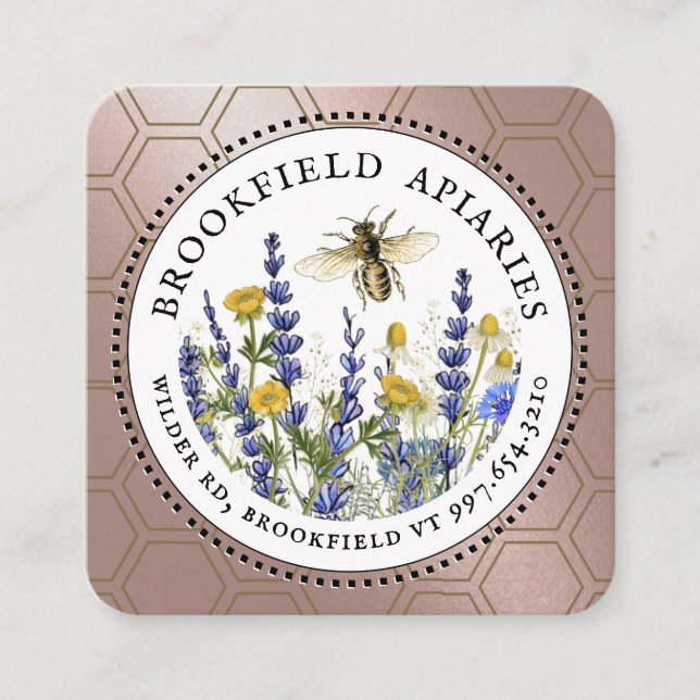 Affärskortet Wildblommor Honeycomb & Bee Apiary Fyrkantigt Visitkort (Framsida)