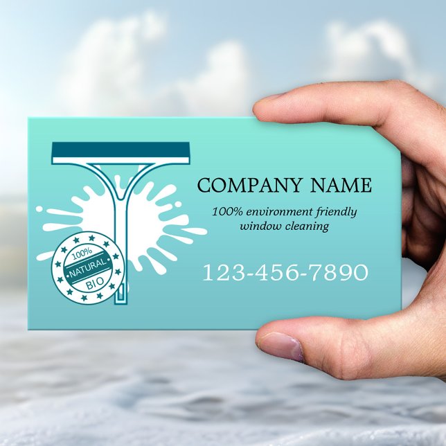 Affärskortet Windows Städning tjänster Visitkort (Business card featuring a simple turquoise teal design with an eco-friendly window cleaner theme)