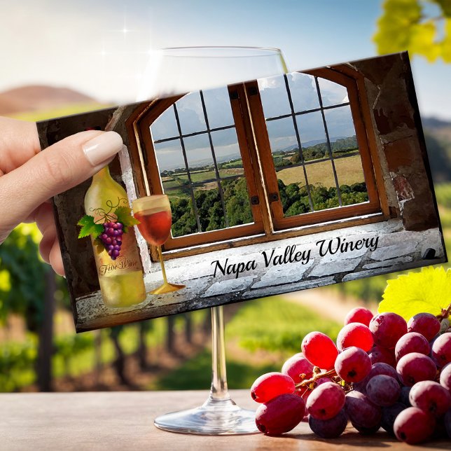 Affärskortet Winery eller Vineyard Vin Visitkort (Artistic business card for a winery or vineyard featuring a painting of a wine bottle with glass)