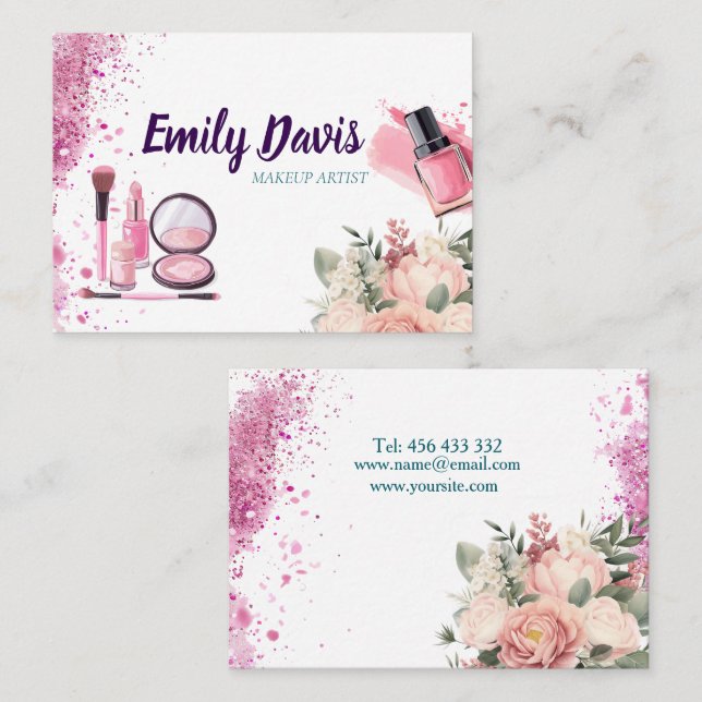 affärskortets utformning tillsammans med rosa glit visitkort (Fram/baksida)