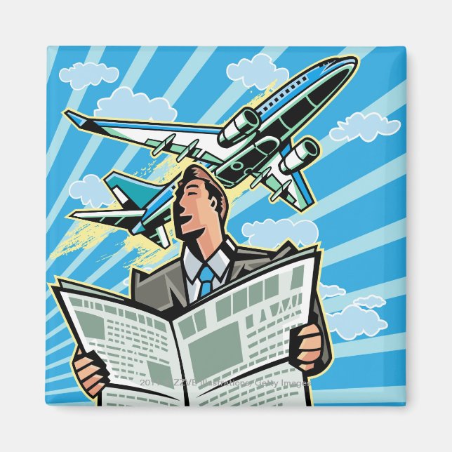 Affärsman med dagstidning och flygplan ovan magnet (Framsidan)