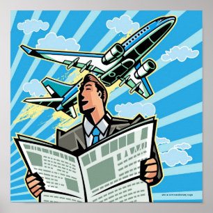 Affärsman med dagstidning och flygplan ovan poster