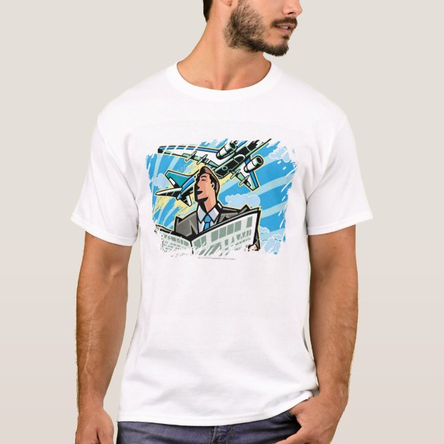 Affärsman med tidningen och flygplan över tee shirt (Framsida)