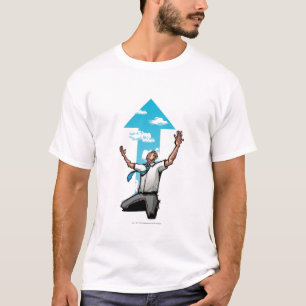 Affärsmannen som knäfaller, pil undertecknar i tee shirt