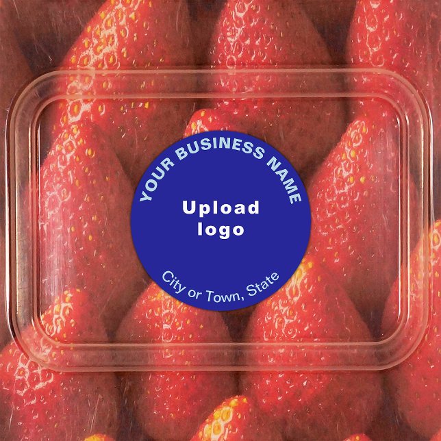 Affärsmärke på blå, rund etikett (Blue round adhesive label with your business brand)