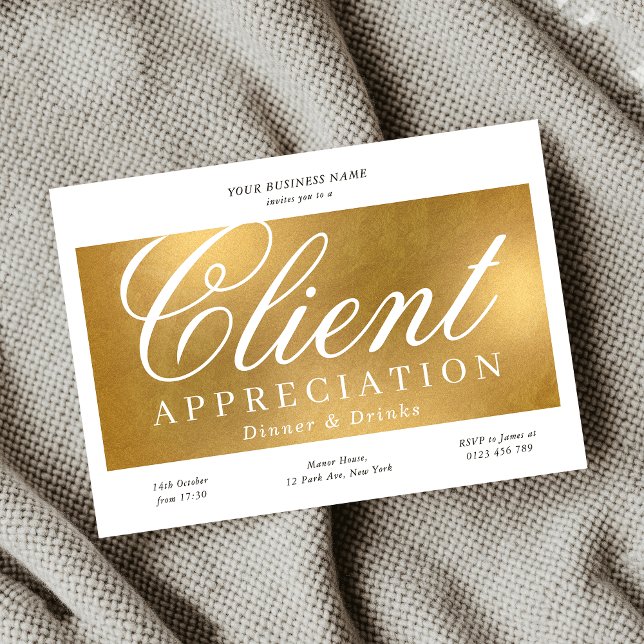 Affärsmiddag för kundbedömning för Guld i elegant Inbjudningar (Elegant Gold Client Appreciation Business Dinner Invitation)
