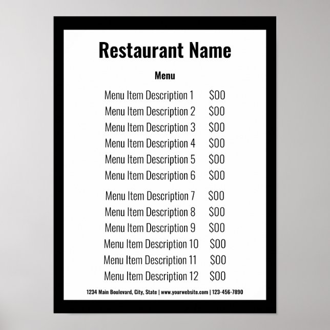 Affärsrestaurang Mall Meny Svart och Vitt Poster (Framsidan)