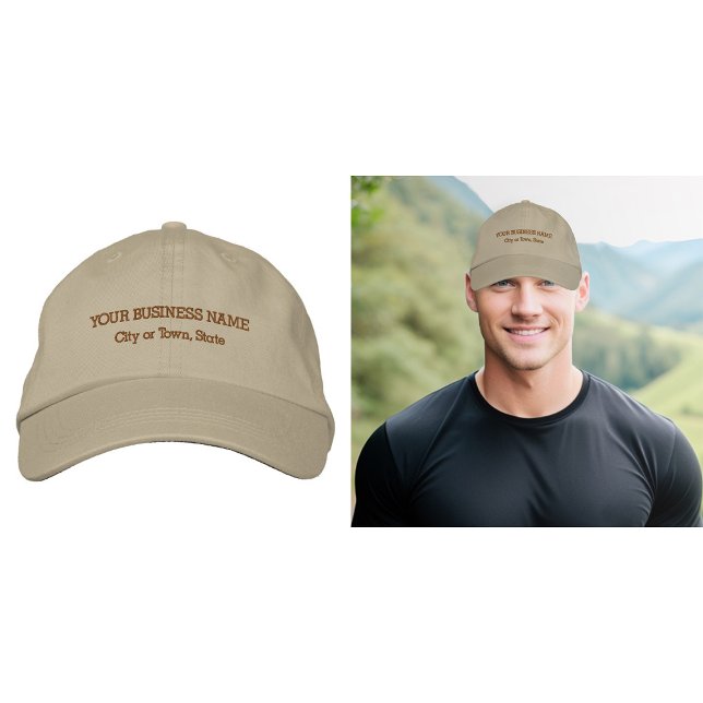 Affärstext på Khaki Cap Broderad Keps (Business name and location embroidered on khaki cap)