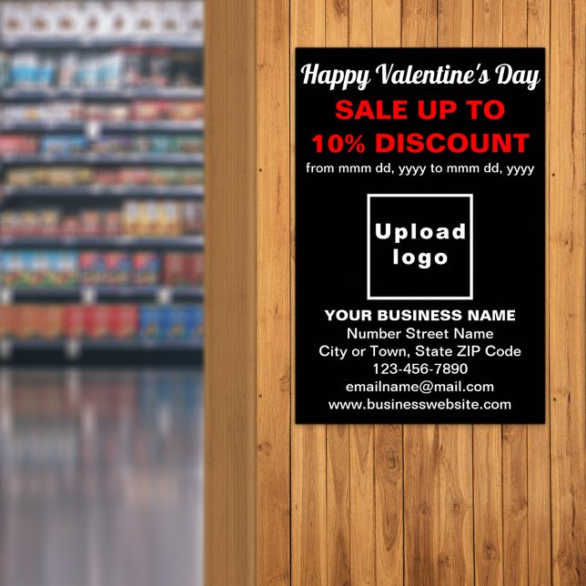 Affärsvalentinjubileumsrea på svart affisch (Business Valentine sale on black poster. Signage to attract more customers.)