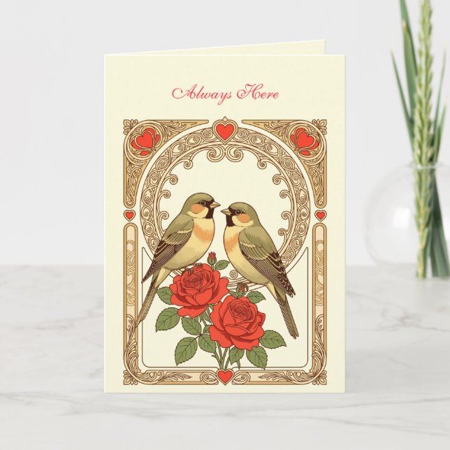 Affectionate Birds and Red Roses Art Nouveau Kort (Framsida)