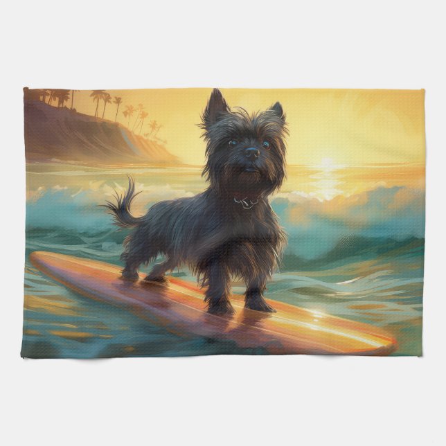 Affenpinscher Beach Surfing Painting Kökshandduk (Horisontell)