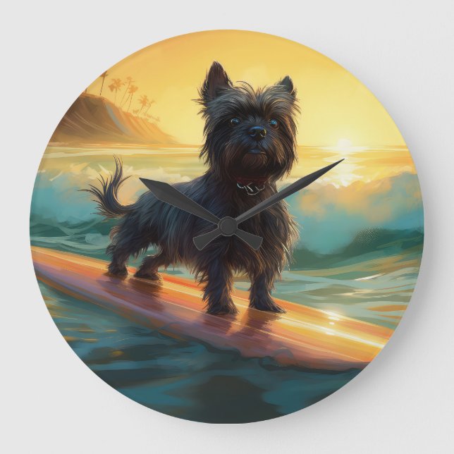 Affenpinscher Beach Surfing Painting Stor Klocka (Framsida)