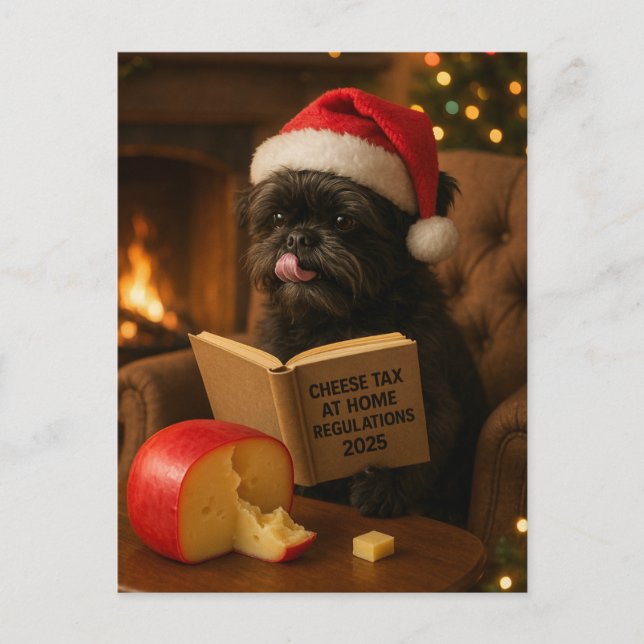 Affenpinscher 'Cheese Tax' Christmas postcard Vykort (Framsida)