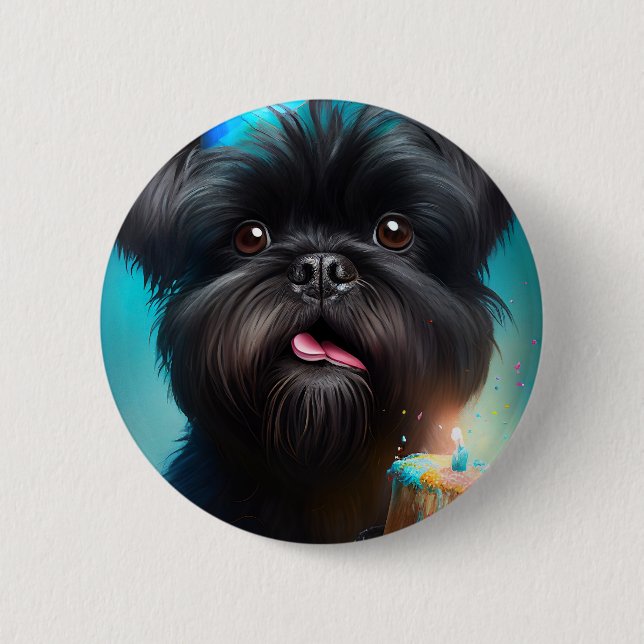 Affenpinscher firar Födelsedagsballonger tårta Knapp (Framsida)