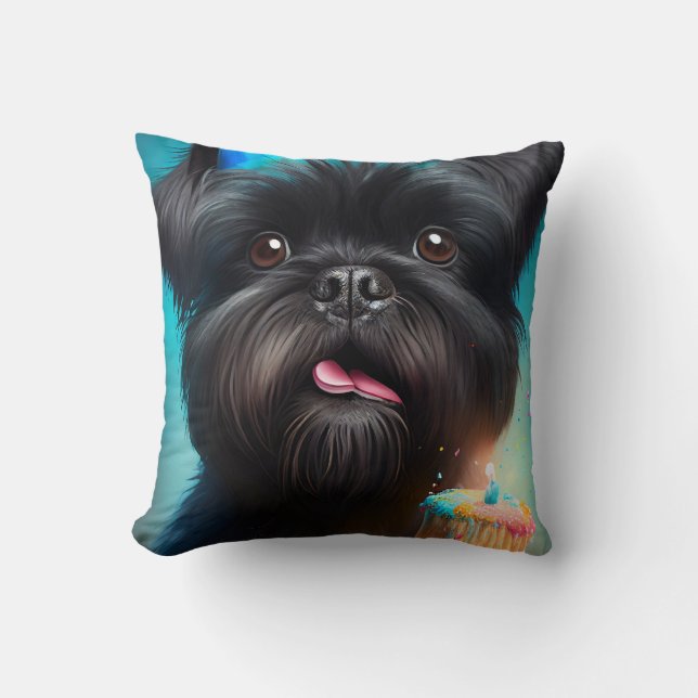 Affenpinscher firar Födelsedagsballonger tårta Kudde (Framsida)
