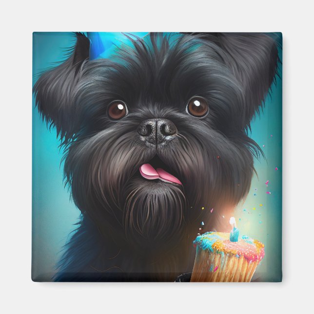 Affenpinscher firar Födelsedagsballonger tårta Magnet (Framsidan)