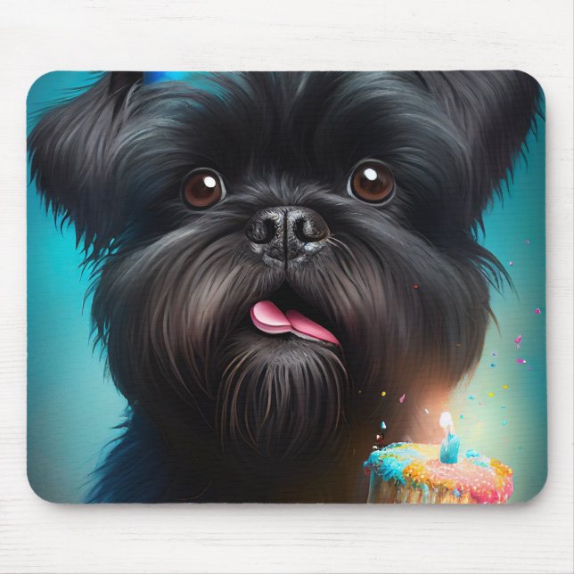 Affenpinscher firar Födelsedagsballonger tårta Musmatta (Framsidan)