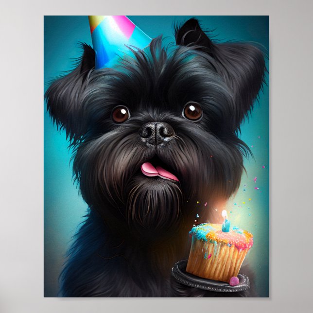 Affenpinscher firar Födelsedagsballonger tårta Poster (Framsidan)
