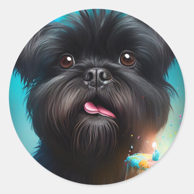 Affenpinscher firar Födelsedagsballonger tårta Runt Klistermärke (Framsida)