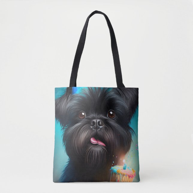 Affenpinscher firar Födelsedagsballonger tårta Tygkasse (Framsida)