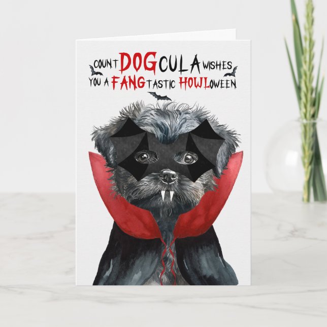 Affenpinscher Hund Funny Count DOGcula Halloween Helgkort (Framsida)