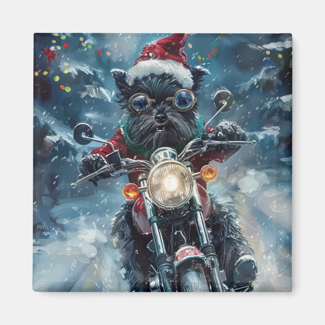 Affenpinscher Hund Ridning Motorcykel Jul Magnet (Framsidan)
