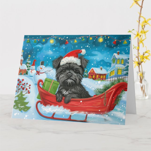 Affenpinscher i släde snö jul kort (Gul blomma)