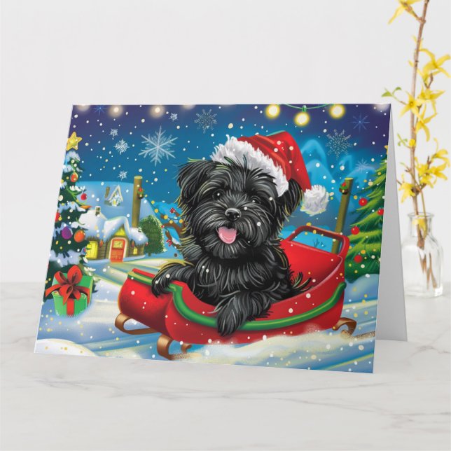 Affenpinscher i Sleigh Snö jul Kort (Gul blomma)