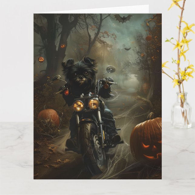 Affenpinscher Kör Motorcykel Halloween Skräckinjag Kort (Gul blomma)