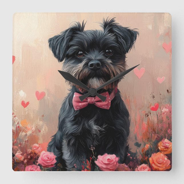 Affenpinscher med rosor - Alla hjärtans dag Fyrkantig Klocka (Framsida)