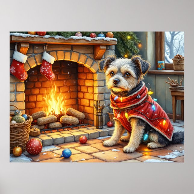 Affenpinscher Sitting Fireplace Christmas Lights Poster (Framsidan)