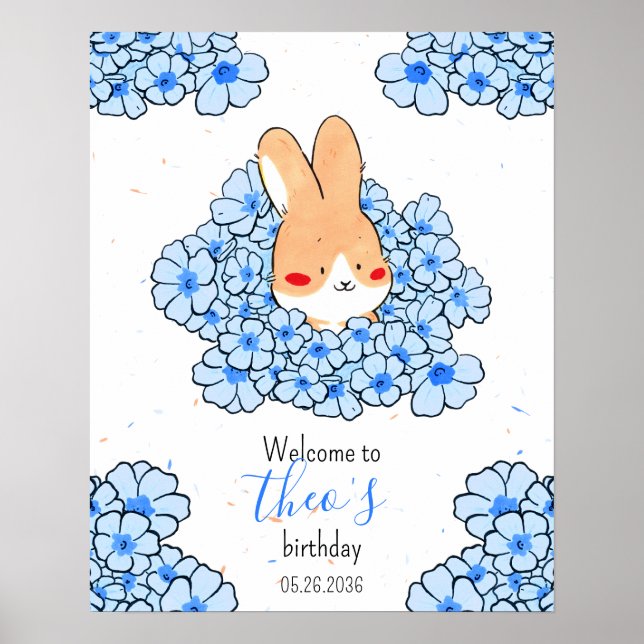 Affiche anniversaire personnalisé lapin fleurs poster (Framsidan)
