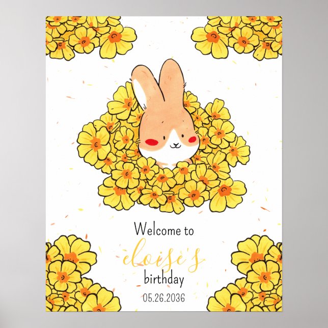 Affiche anniversaire personnalisé lapin fleurs poster (Framsidan)